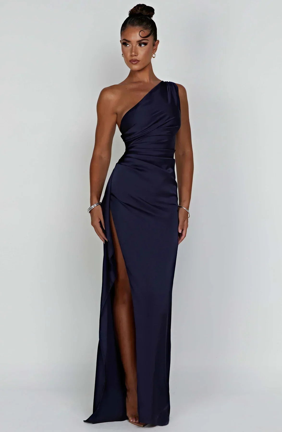Celeste Satin Pleated Evening Dress with Shoulder Cut