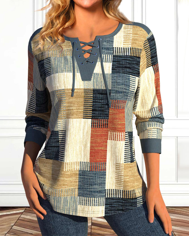 Geometric Print Top with Drawstring Detail