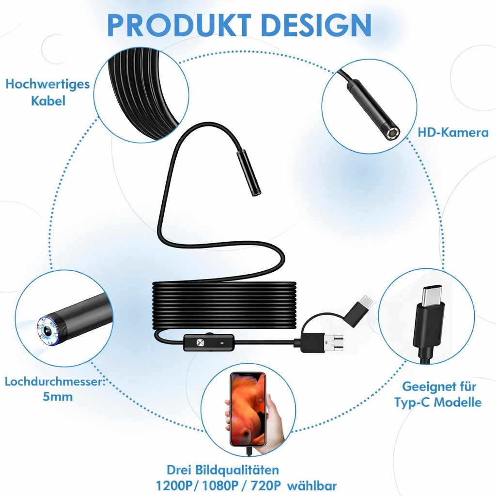 Waterproof Inspection Camera with LED Light - HD Endoscope
