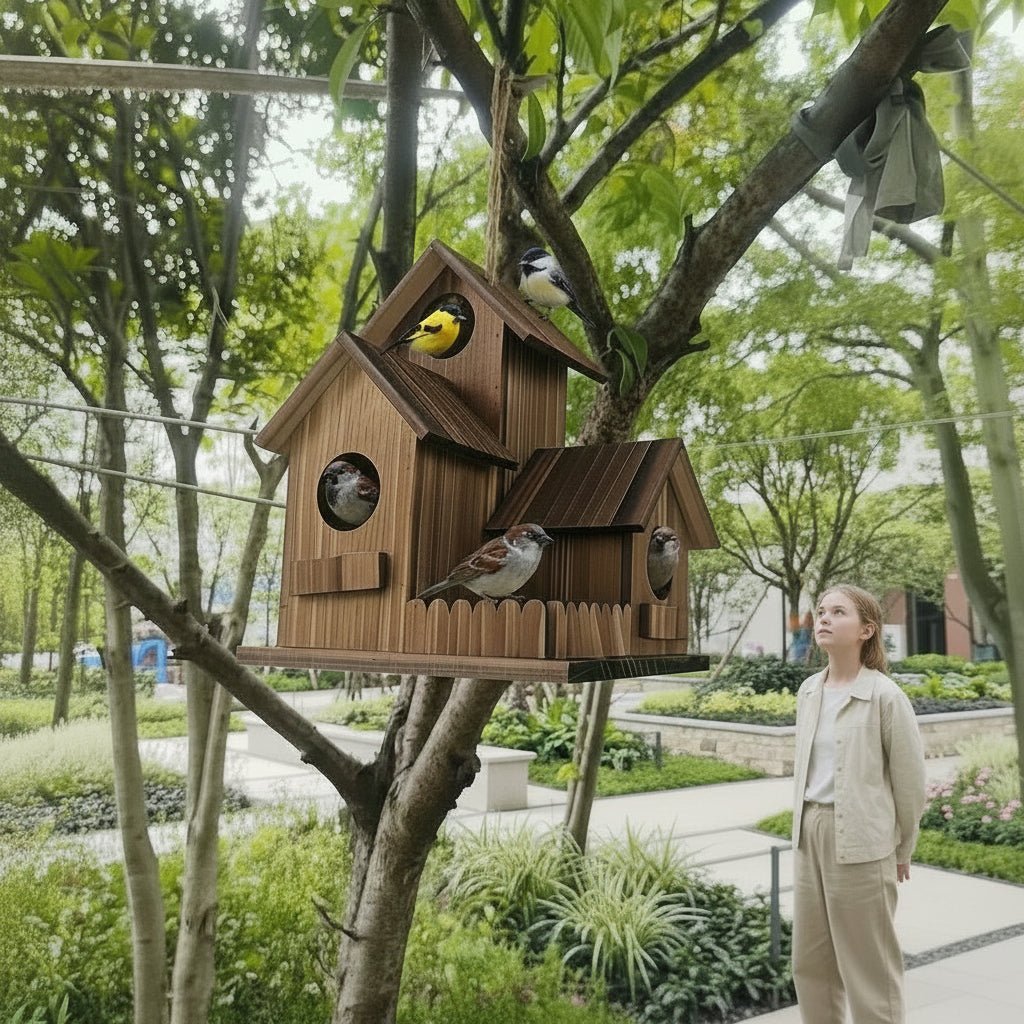 Charming Wooden Birdhouse with Spacious Nesting Compartments