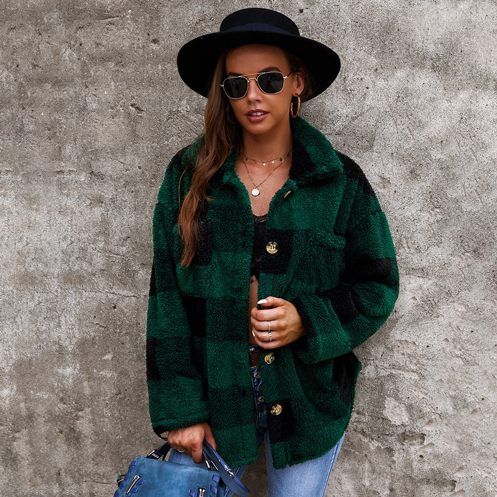 Checkered Sweater with Fleece Fur Coat