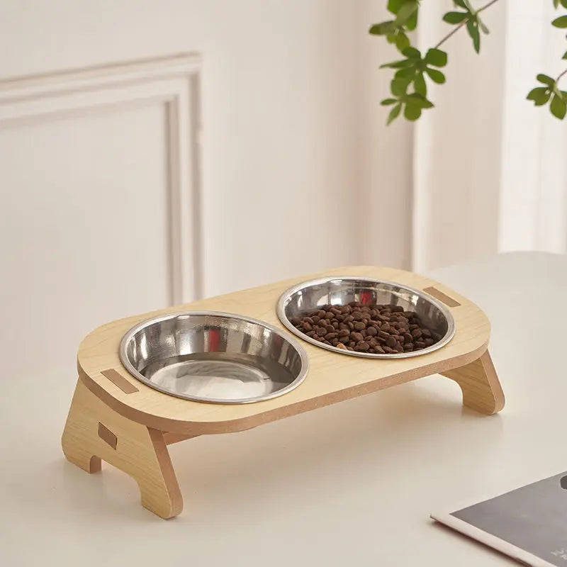 Raised Double Pet Bowl in Wood with Stainless Steel Inserts