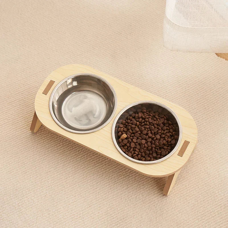 Raised Double Pet Bowl in Wood with Stainless Steel Inserts