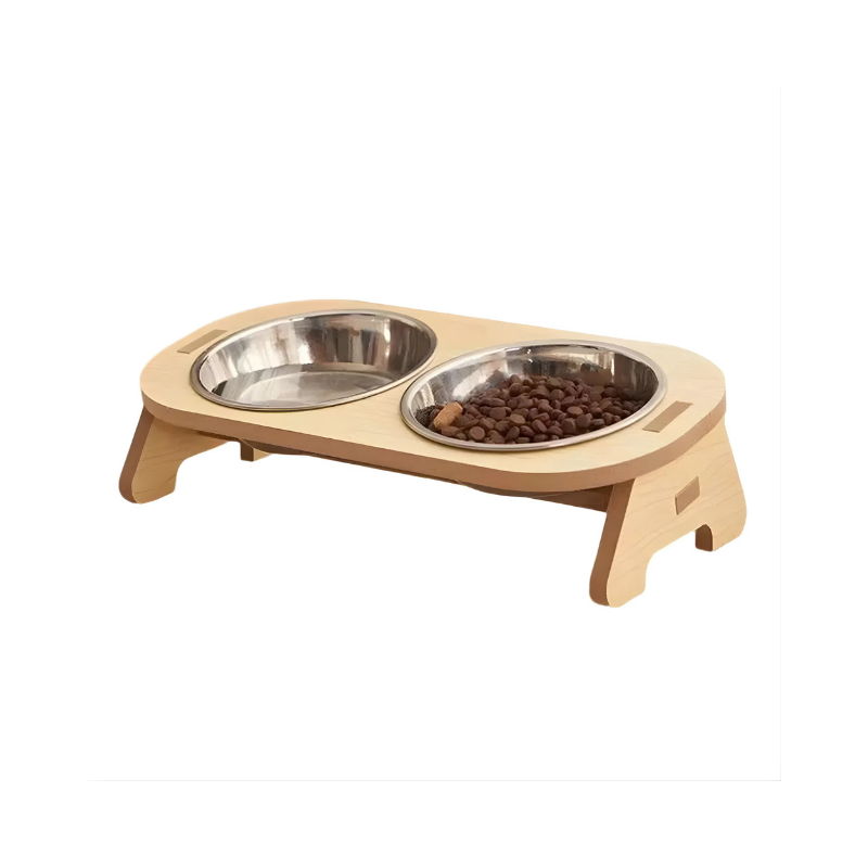 Raised Double Pet Bowl in Wood with Stainless Steel Inserts