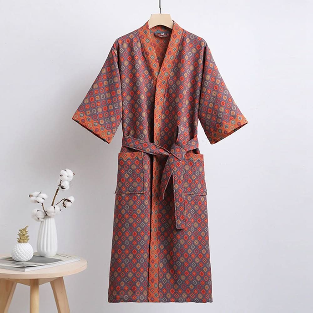 Organic Cotton Kimono Bathrobe with Ginkgo Leaf Pattern - Reversible