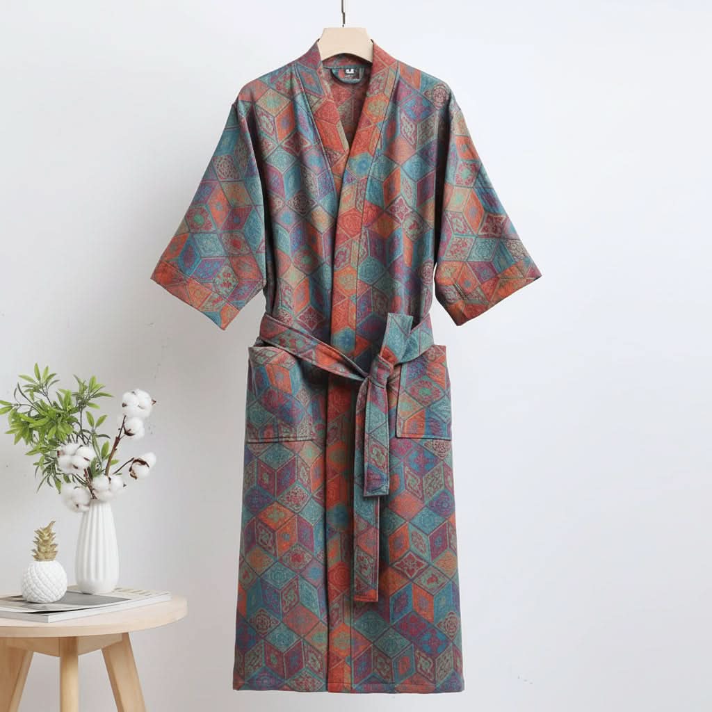Organic Cotton Kimono Bathrobe with Ginkgo Leaf Pattern - Reversible