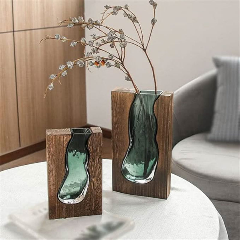 Elegant Glass Floral Holder with Sturdy Wood Stand, 24 or 32 cm