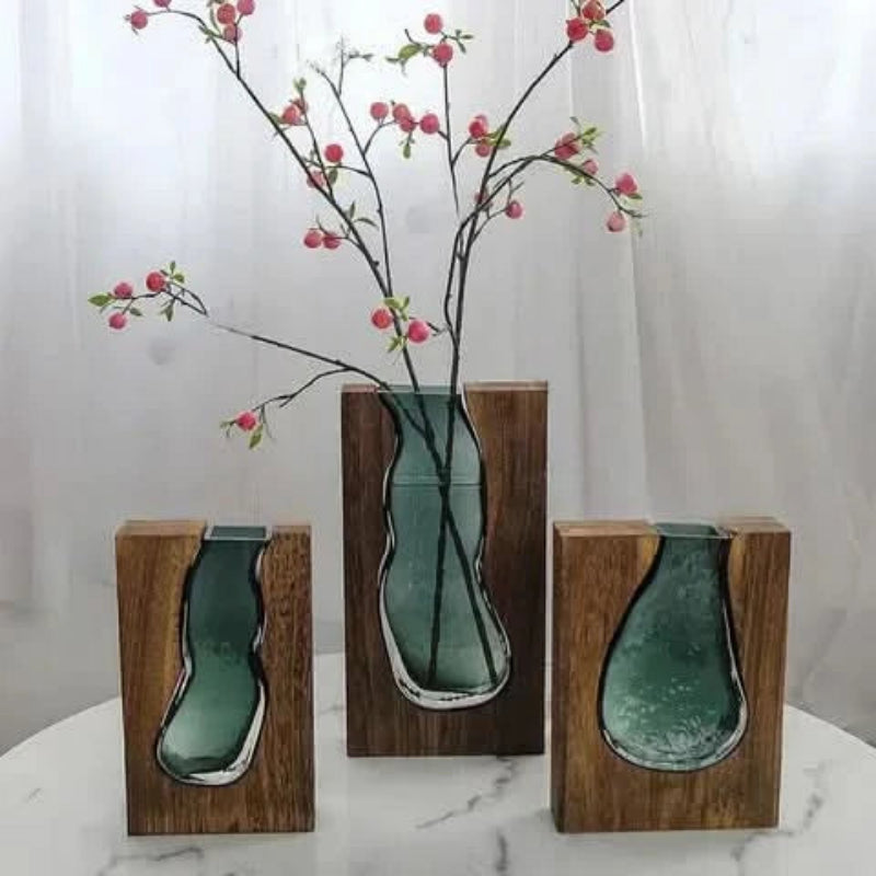 Elegant Glass Floral Holder with Sturdy Wood Stand, 24 or 32 cm