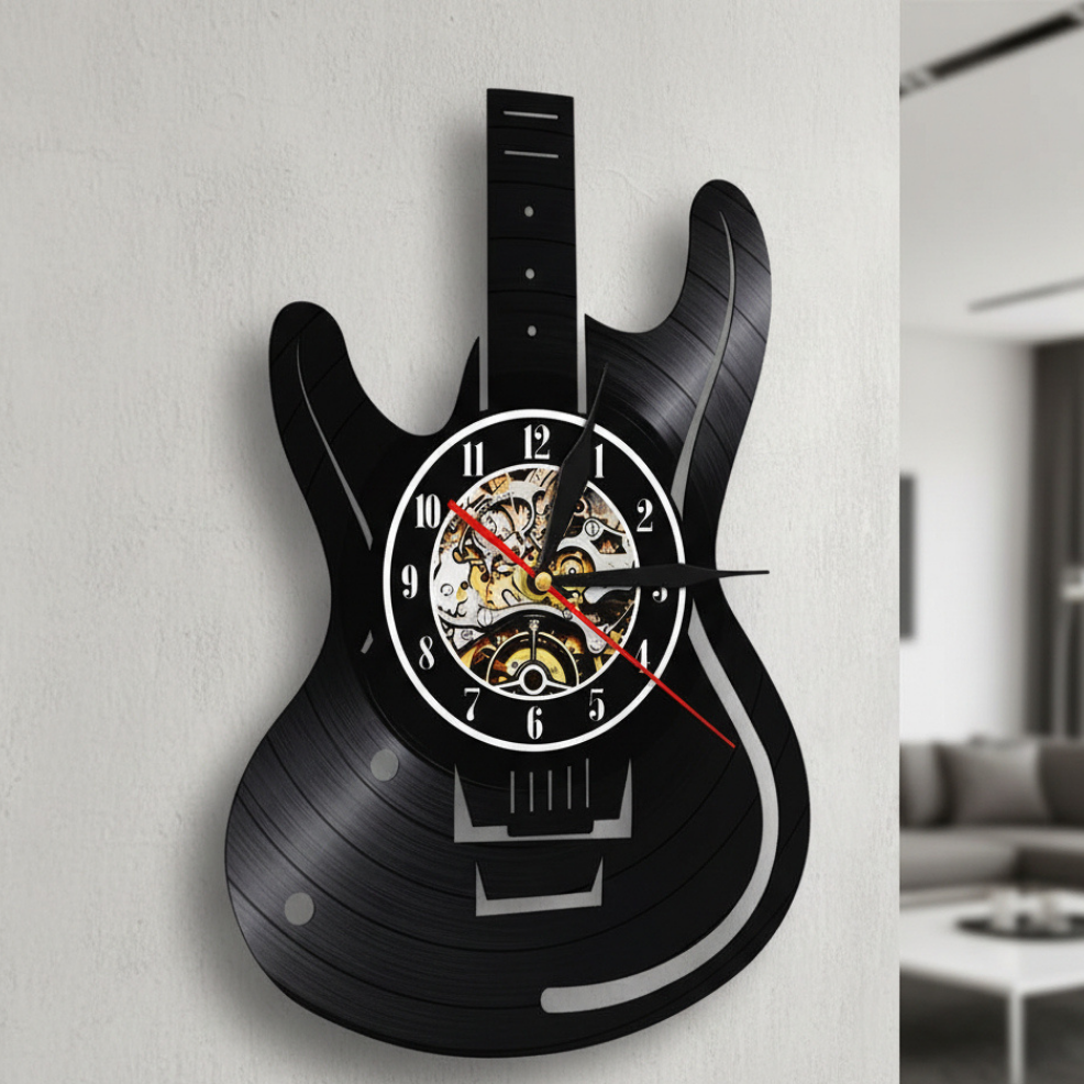 Guitar-Inspired Vinyl Record Wall Clock for Music Lovers