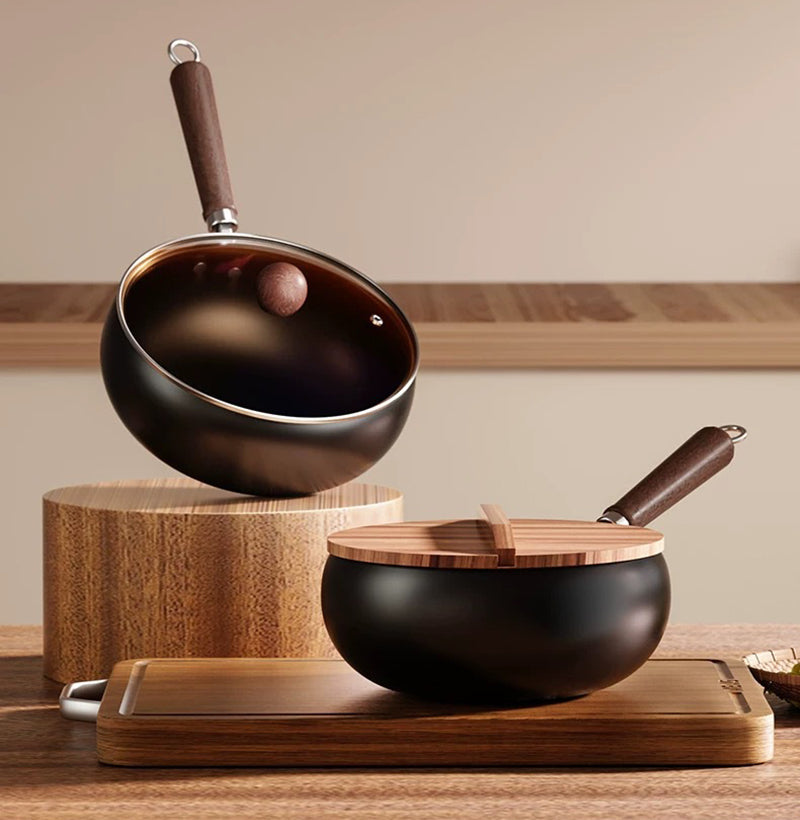 Handcrafted Iron Skillet with Wooden Handle, 24–28 cm