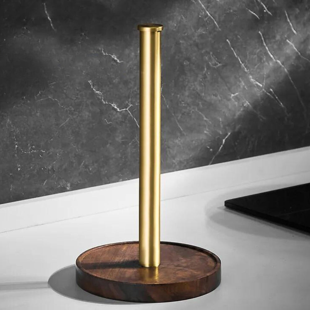 Elegant Paper Towel Stand with Walnut Base and Steel Rod