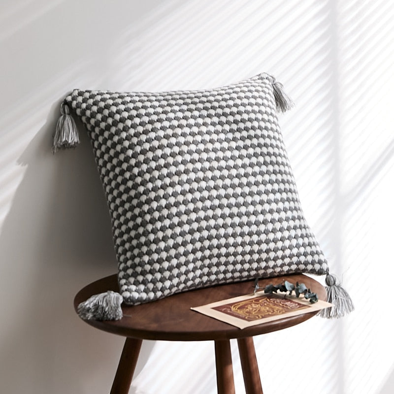 Textured Herringbone Throw Pillow Cover with Tassels