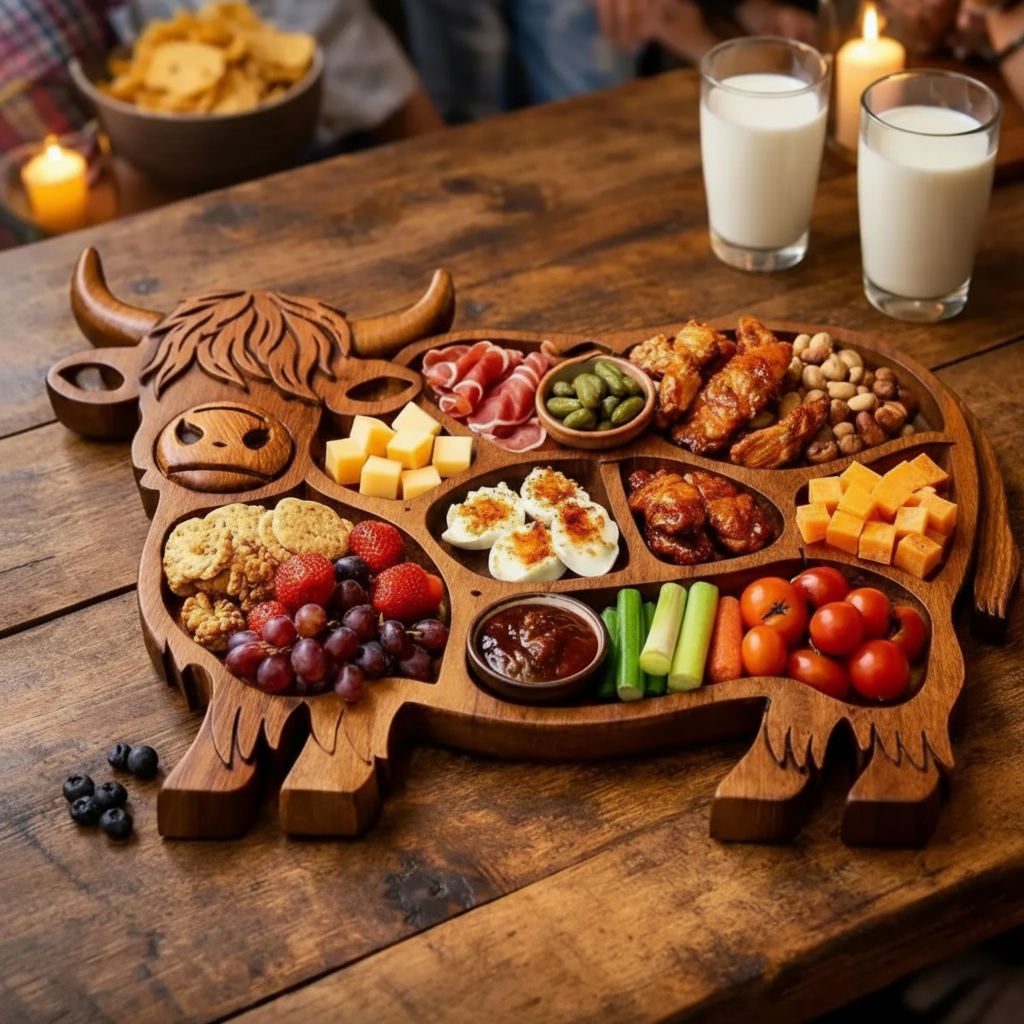 Rustic Delight - Artisan Cow-Shaped Wooden Serving Board