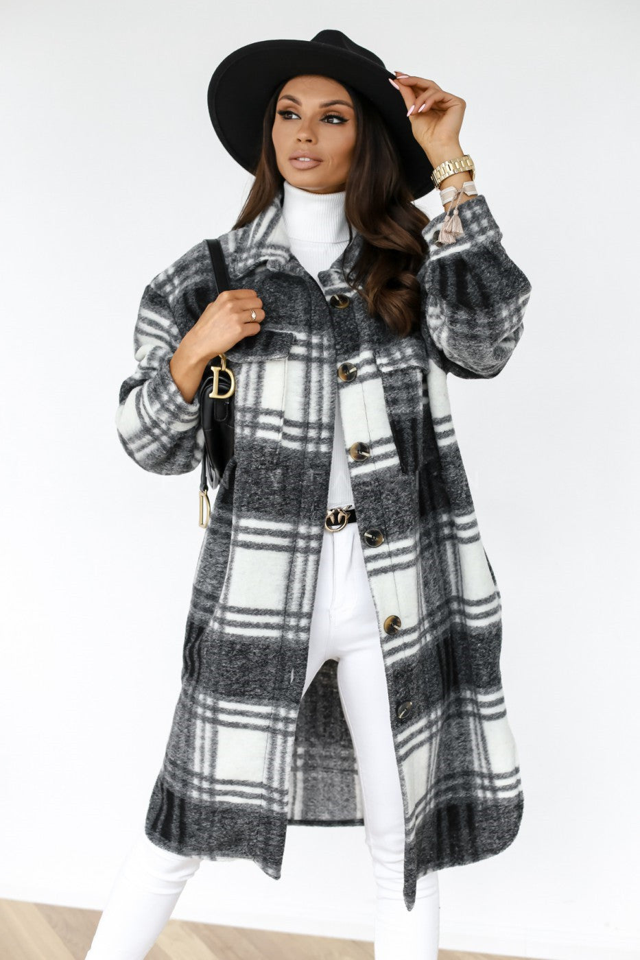 Chic Long Plaid Wool Coat