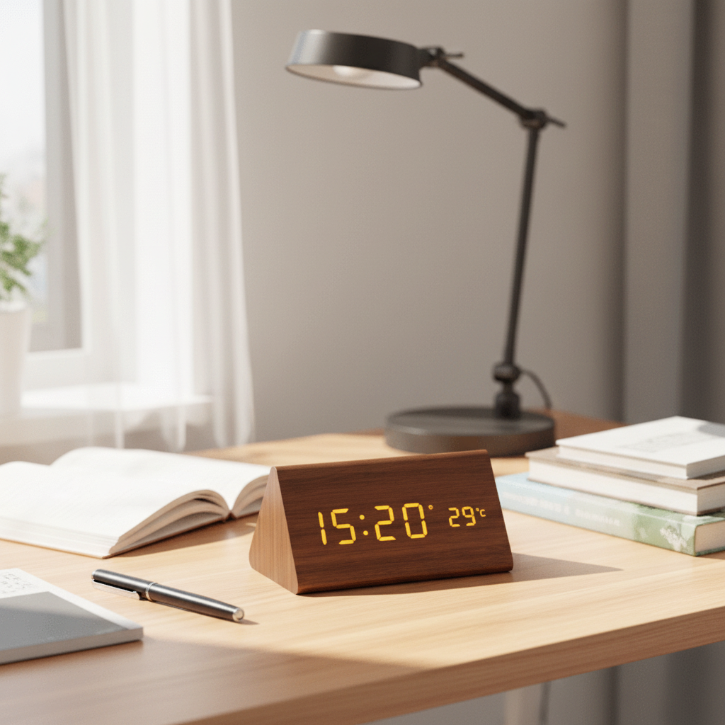 Wooden LED Desk Clock with Voice Control and Temperature Display