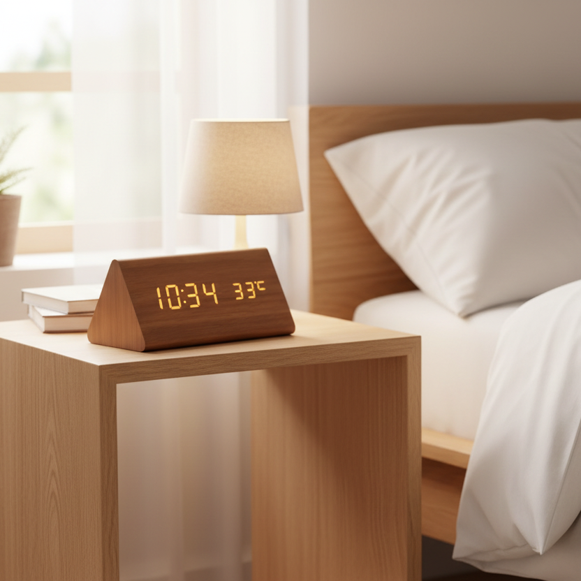 Wooden LED Desk Clock with Voice Control and Temperature Display