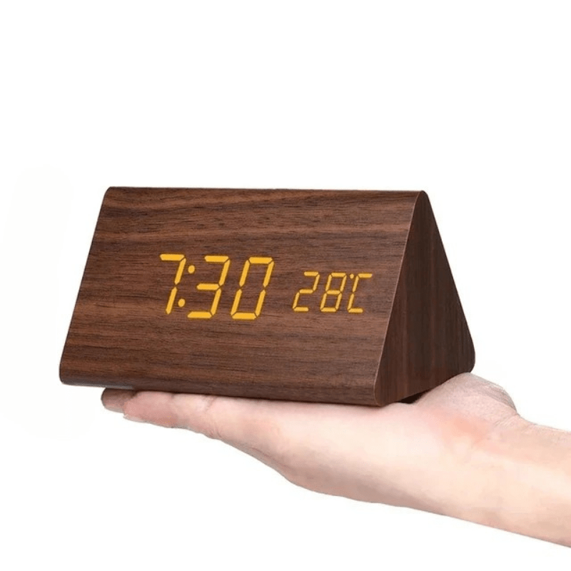 Wooden LED Desk Clock with Voice Control and Temperature Display