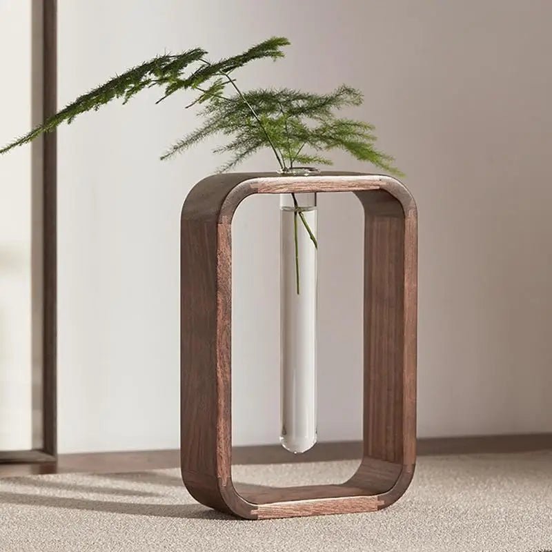 Elegant Glass Tube Planter with Rustic Wood Stand