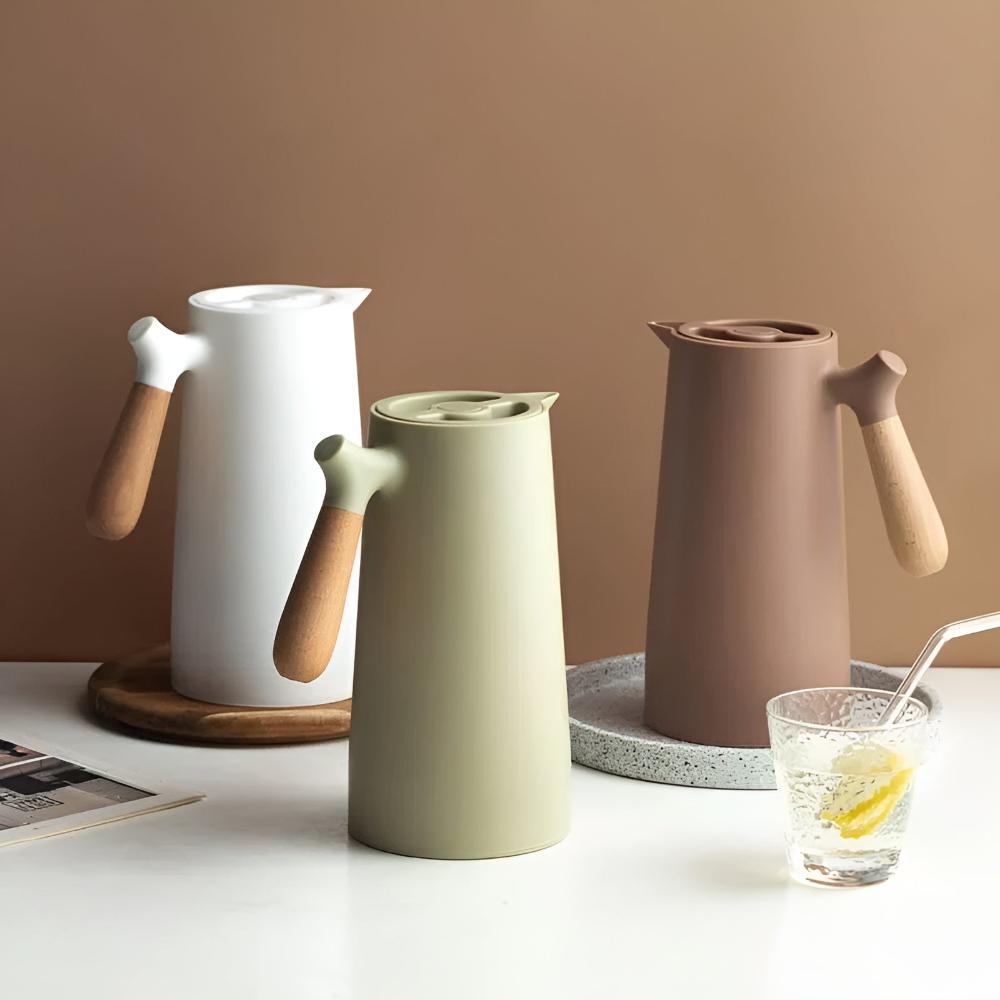 Stylish Insulated Beverage Carafe with Wooden Grip - 1L