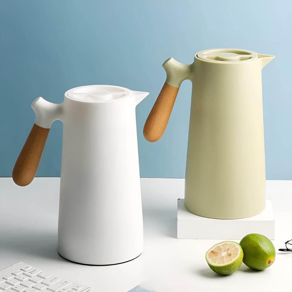 Stylish Insulated Beverage Carafe with Wooden Grip - 1L