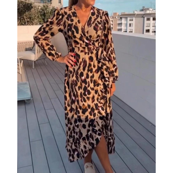 Long Sleeve Dress with V-Neck and Leopard Print