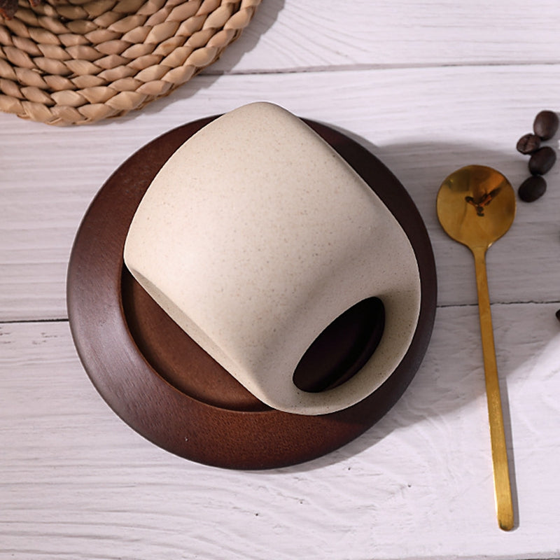 Elegant Ceramic Coffee Cup Set with Wooden Coaster and Spoon - 8.5 oz