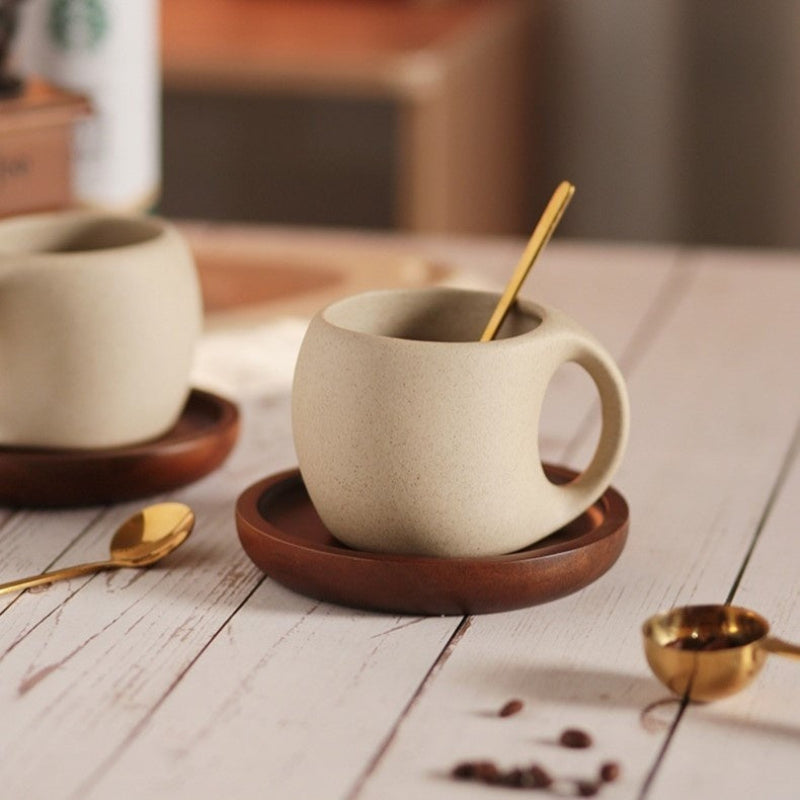 Elegant Ceramic Coffee Cup Set with Wooden Coaster and Spoon - 8.5 oz