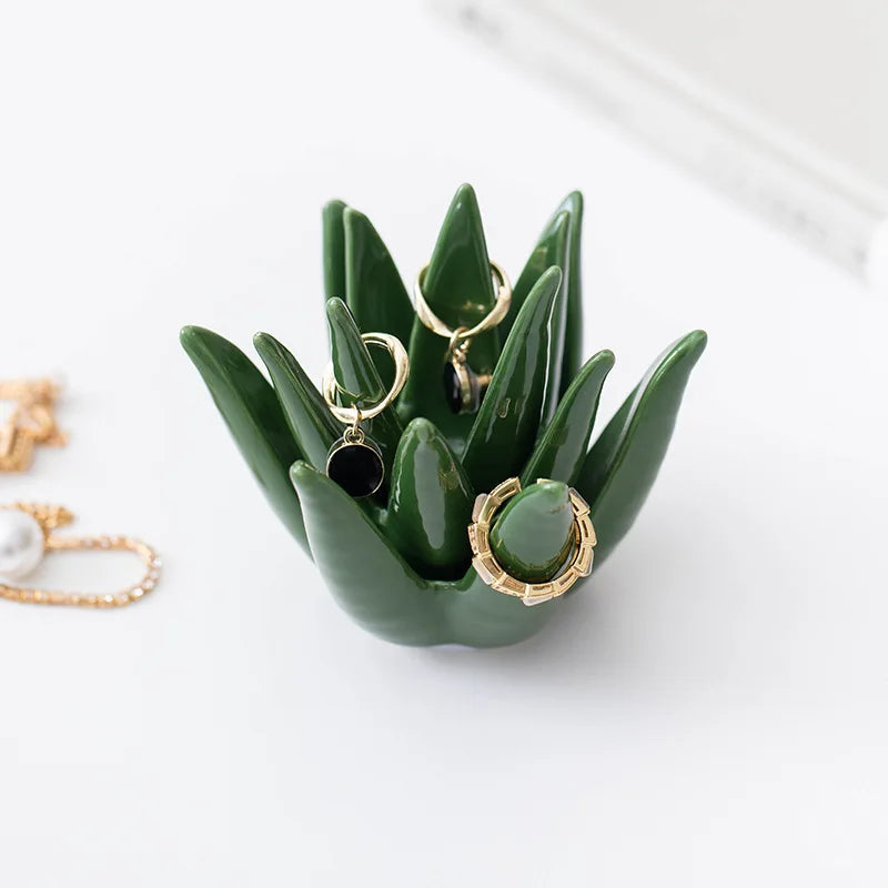 Elegant Green Ceramic Jewelry Organizer with Ring Holders