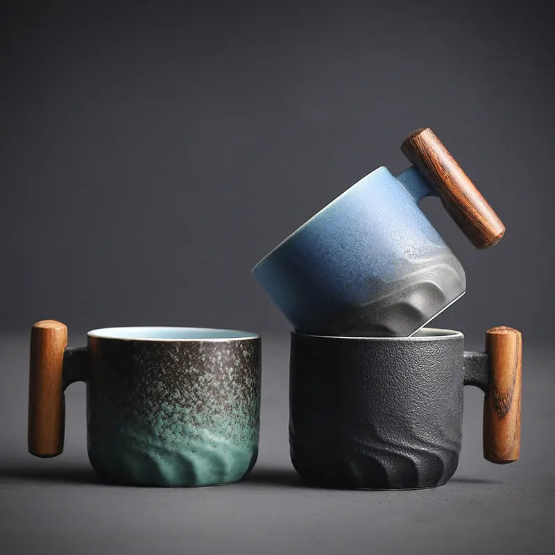 Ceramic Coffee Mug with Wooden Handle | Handmade Unique Design