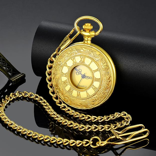 Classic Men's Pocket Watch | Vintage Style | Quartz Movement | Gold Hands