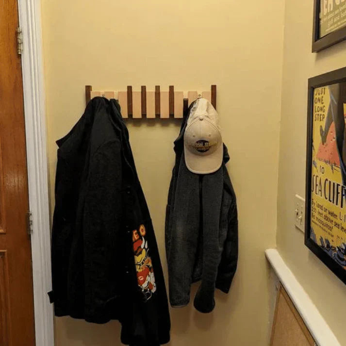 Wooden Piano Coat Rack | Solid Walnut & Maple | 8 Hooks Wall Mounted