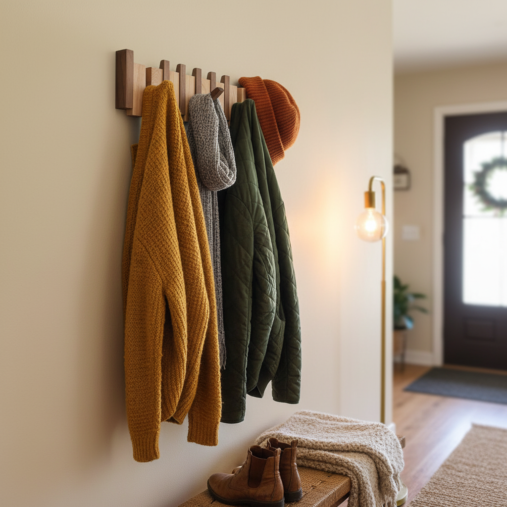 Wooden Piano Coat Rack | Solid Walnut & Maple | 8 Hooks Wall Mounted