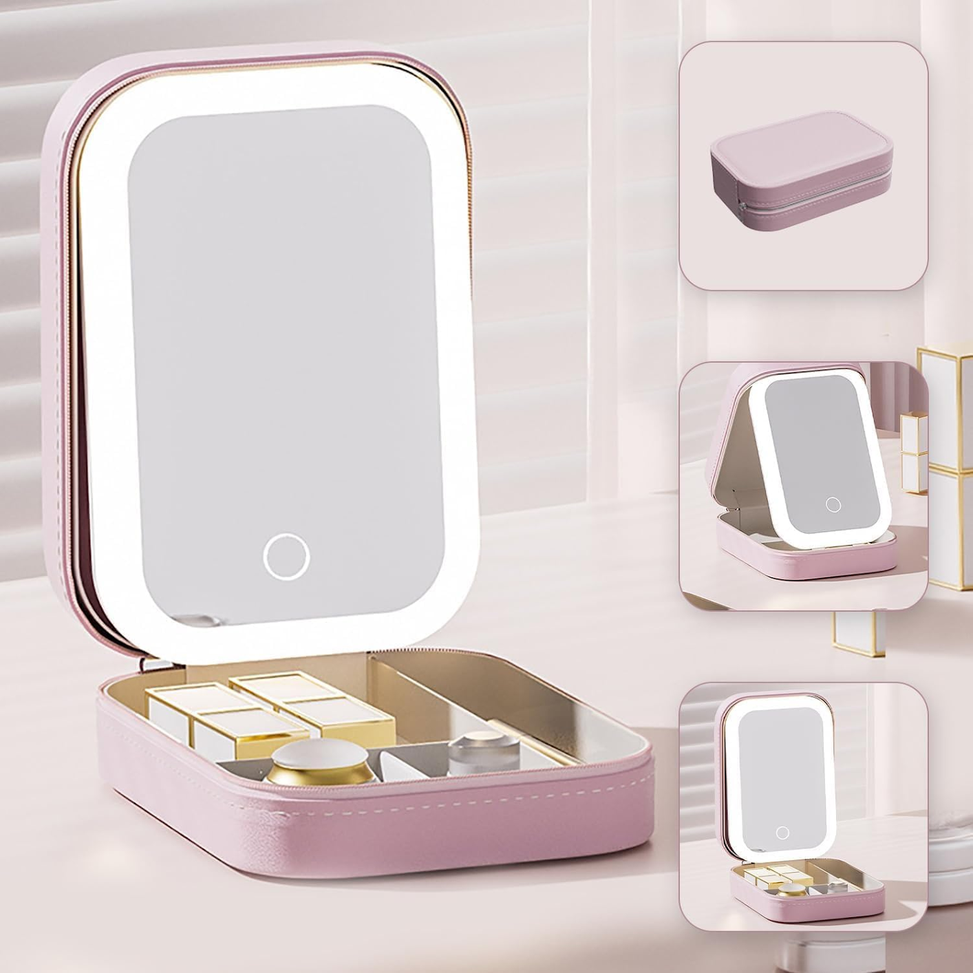 LED Makeup Mirror Case | 3 Light Modes | Organizer & Travel Pouch | Touch Control