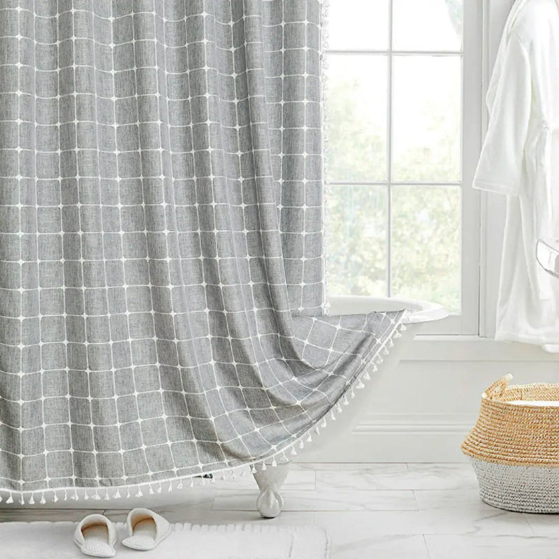 Elegant Waterproof Linen Shower Curtain with Tassel Accents