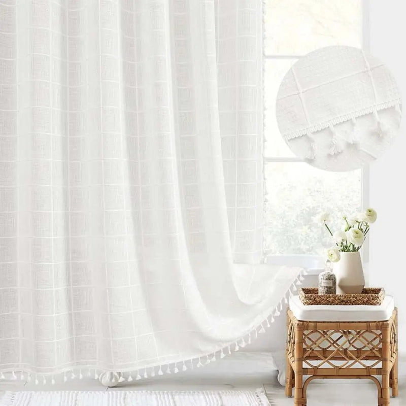 Elegant Waterproof Linen Shower Curtain with Tassel Accents