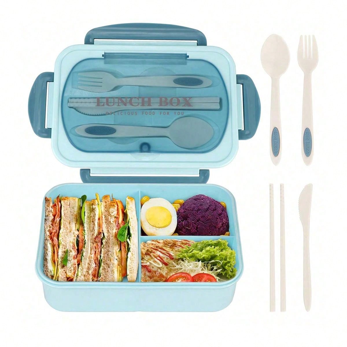 Durable 1200ml Smart Lunch Box with Cutlery and 3 Sections