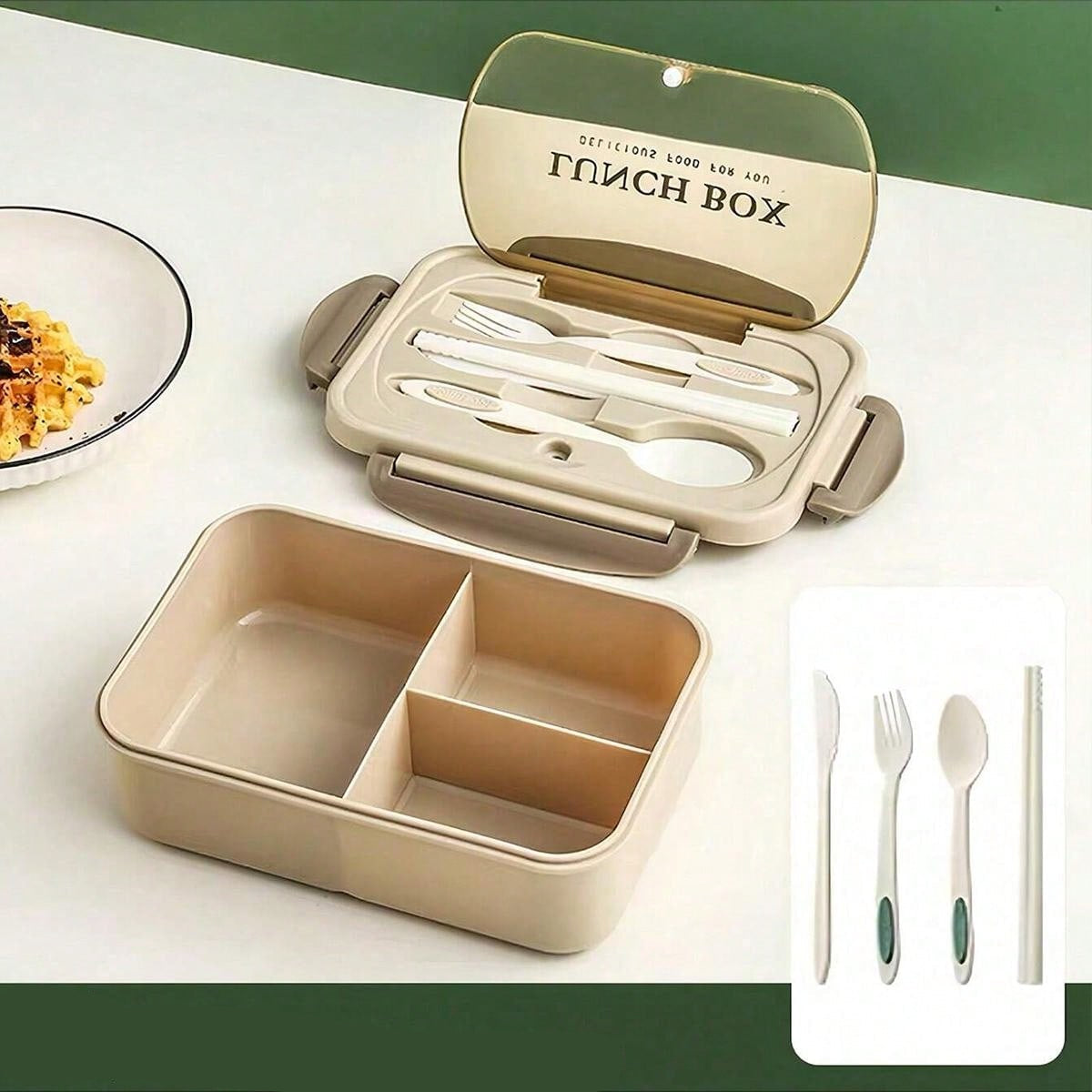 Durable 1200ml Smart Lunch Box with Cutlery and 3 Sections