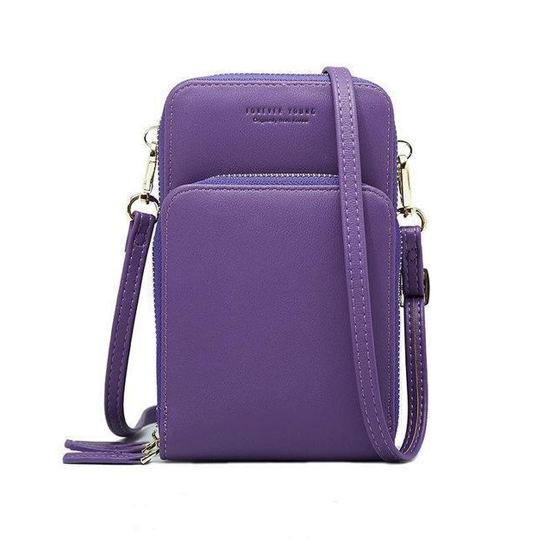 Chic Leather Phone Clutch with Safety Features and Adjustable Strap