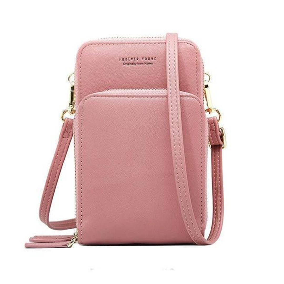 Chic Leather Phone Clutch with Safety Features and Adjustable Strap