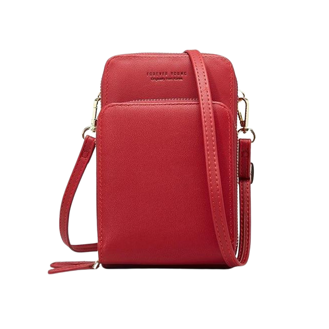 Chic Leather Phone Clutch with Safety Features and Adjustable Strap