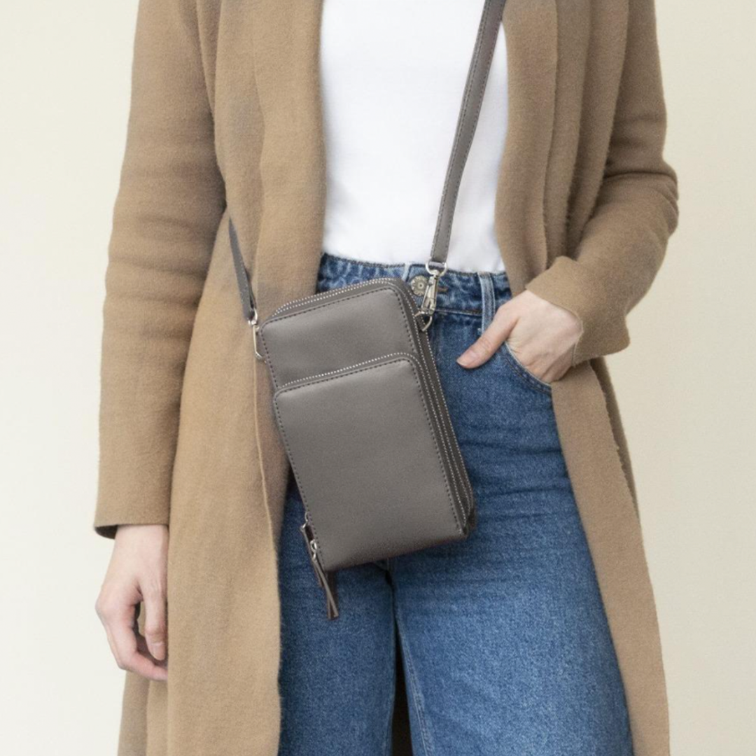 Chic Leather Phone Clutch with Safety Features and Adjustable Strap