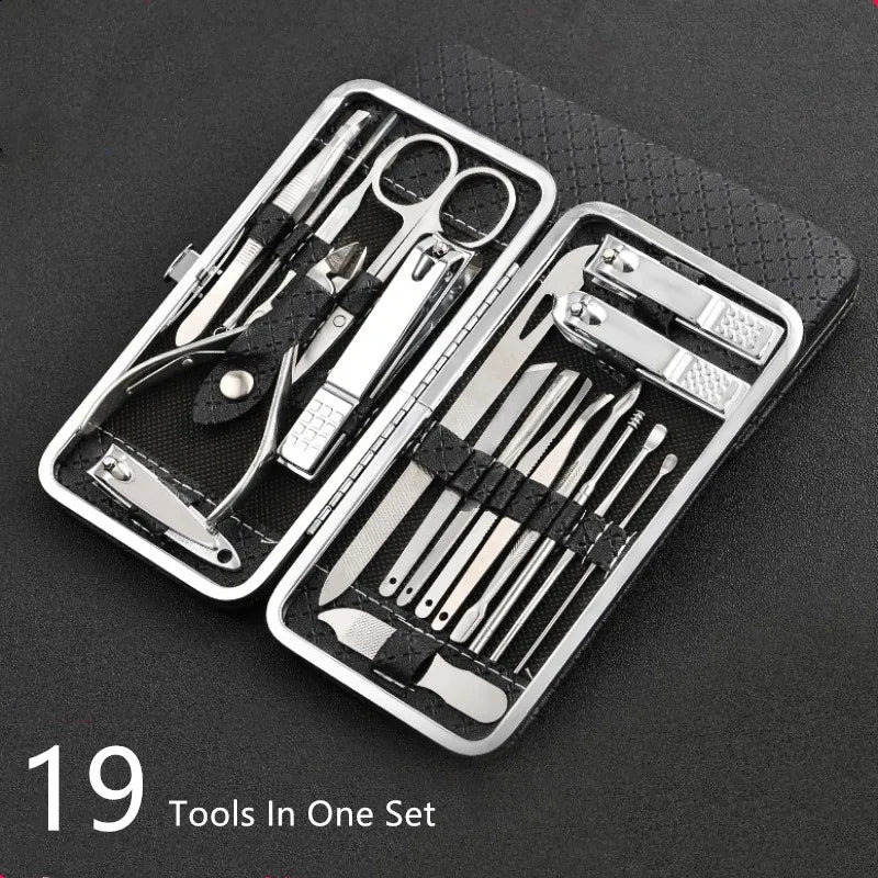 Essential 19-Piece Stainless Steel Nail Care Set with Travel Case