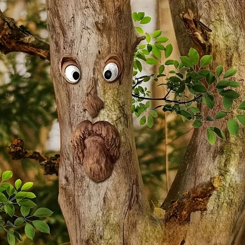 Playful Outdoor Tree Face Sculpture - Whimsical Garden Ornament