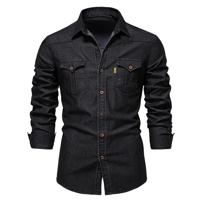 Elastic Cotton Denim Shirt in Classic Style