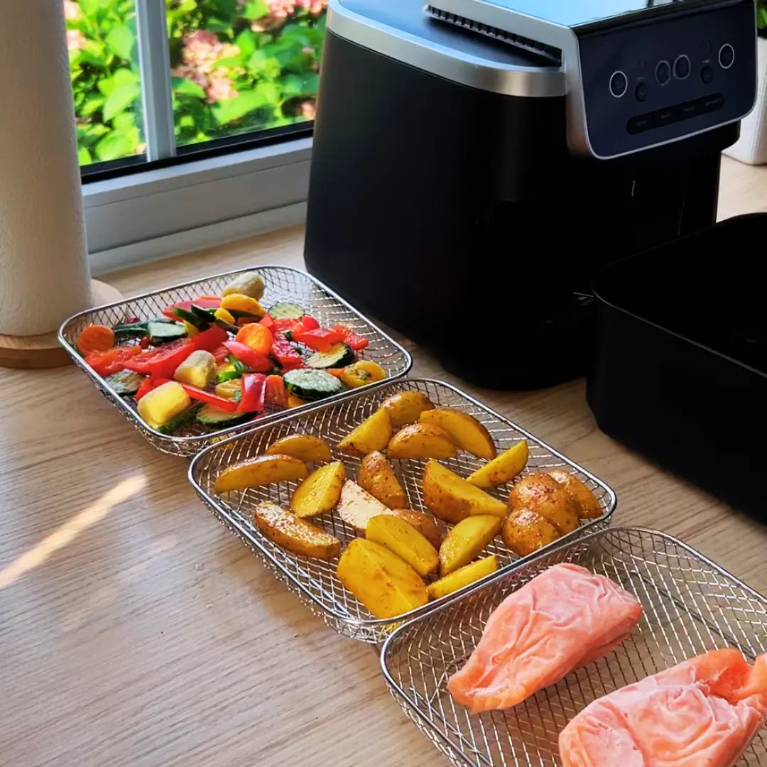 Stackable Baskets for Air Fryers with Complimentary Heat-Resistant Tongs
