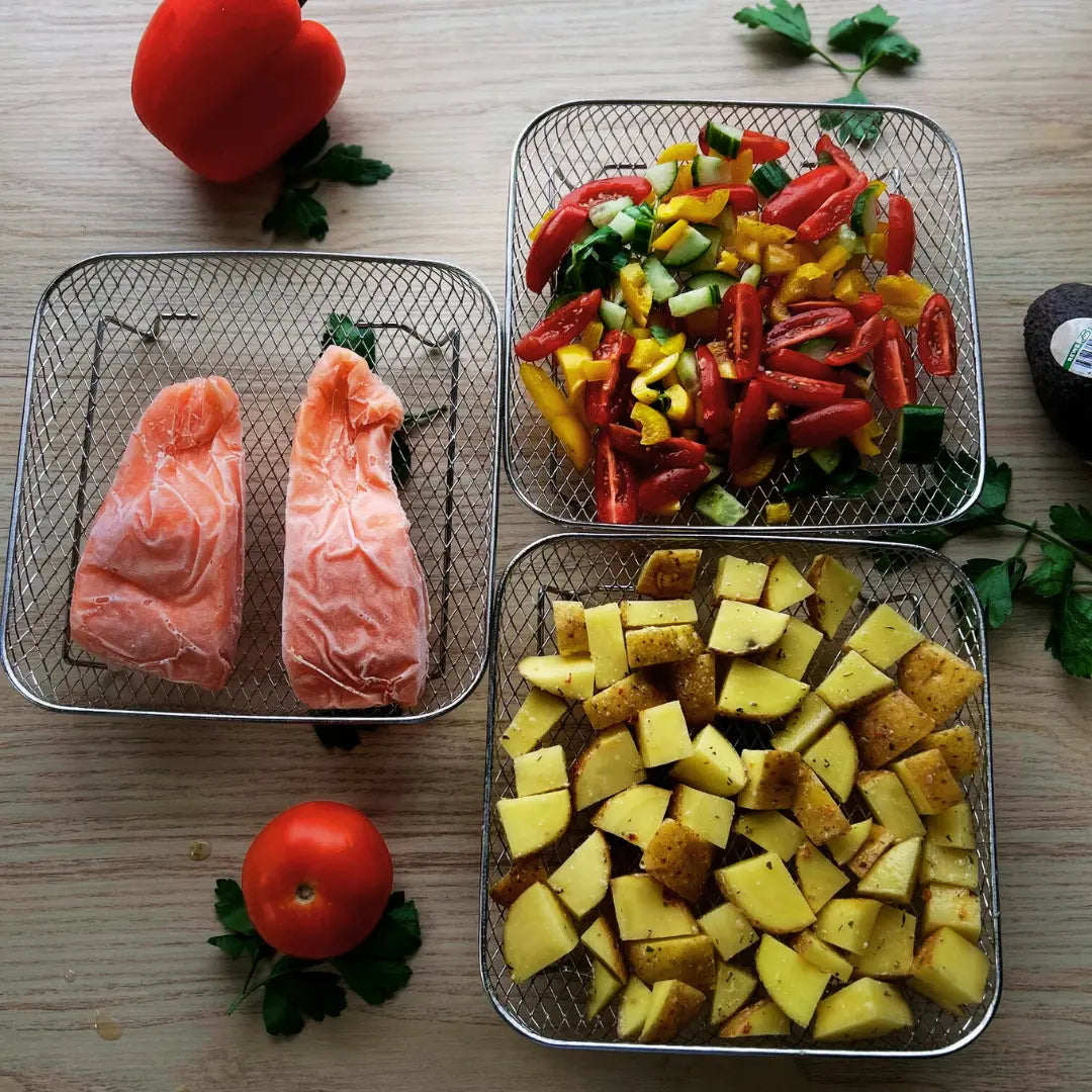 Stackable Baskets for Air Fryers with Complimentary Heat-Resistant Tongs
