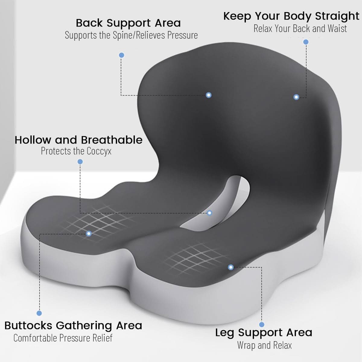 Ergonomic Memory Foam Pillow with Coccyx Cutout for Posture Support