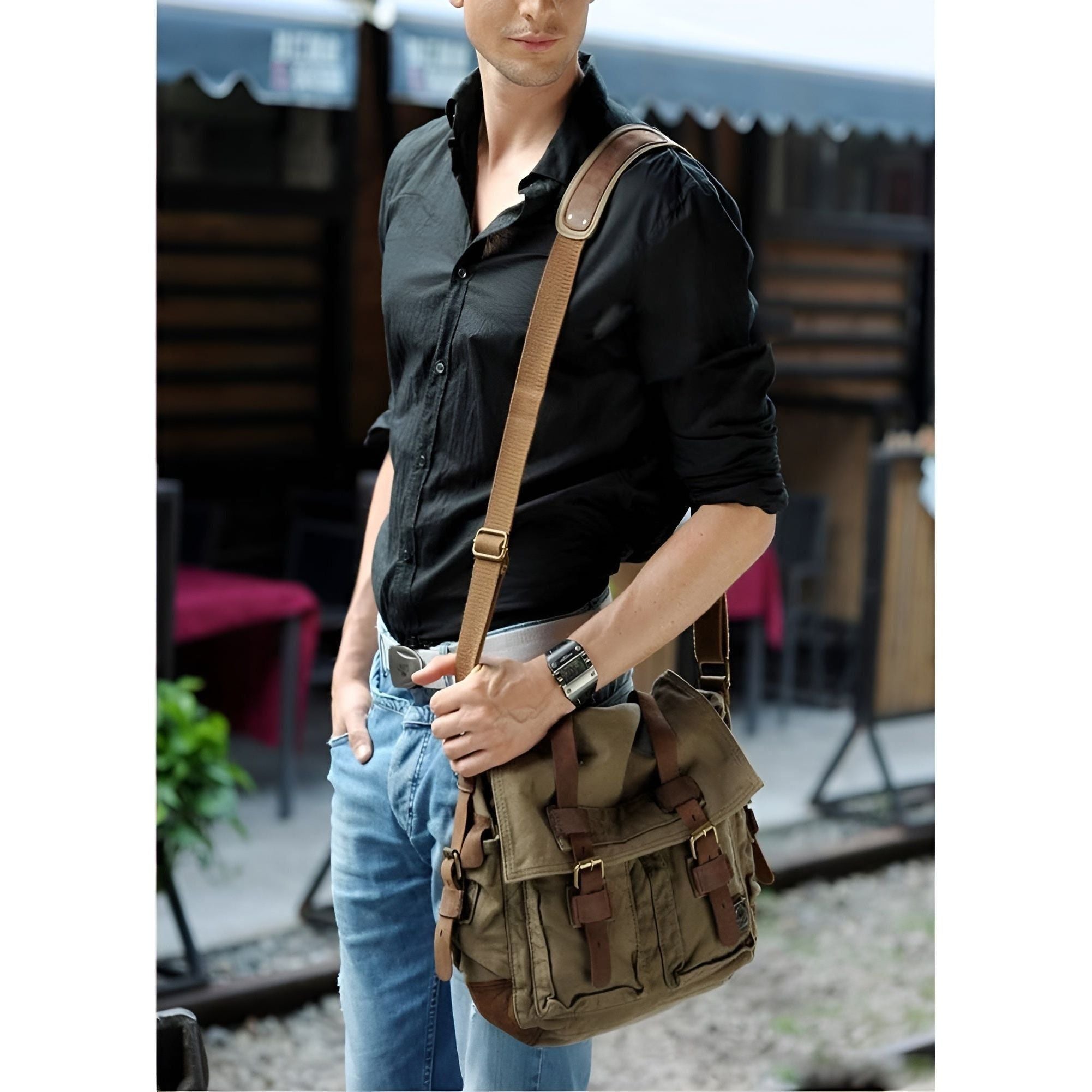 Classic Heritage Canvas Messenger Bag with Leather Touches