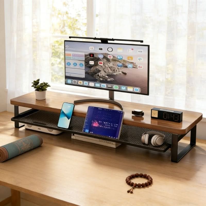 Dual-Layer Monitor Stand with Pull-Out Storage for Computers