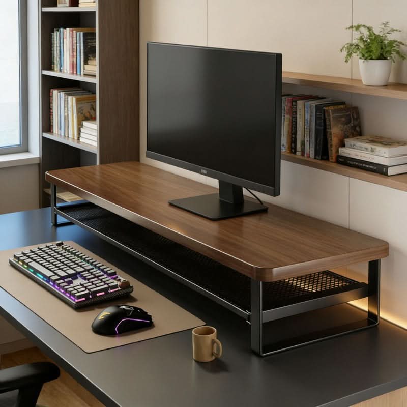 Dual-Layer Monitor Stand with Pull-Out Storage for Computers